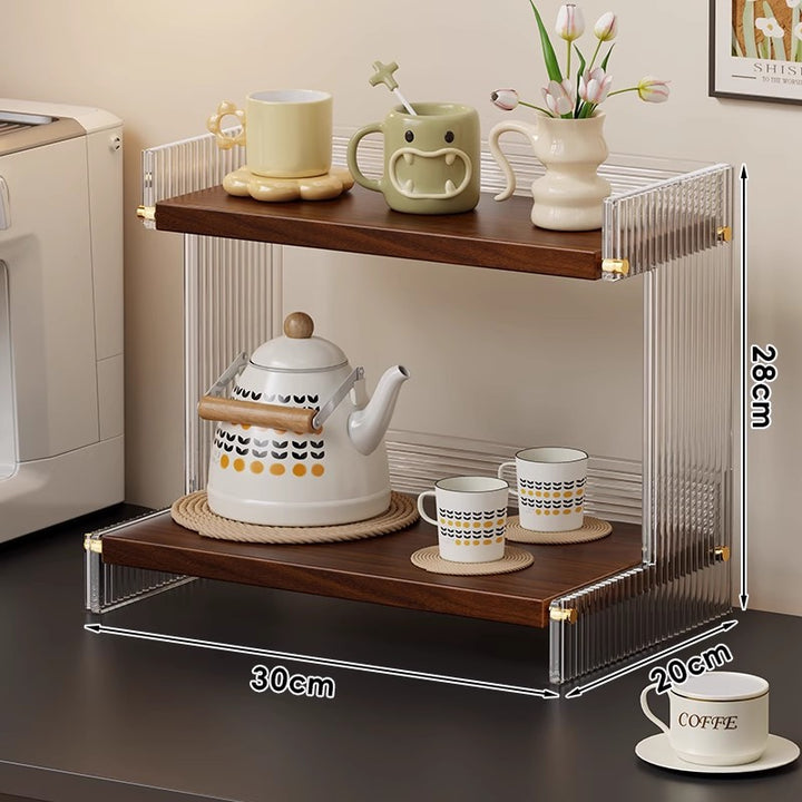 Multi-Tier Mesh Metal and Bamboo Countertop Pantry Organizer Shelf