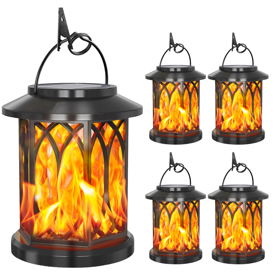 Decorative solar-powered hanging lantern for outdoor use with iron mesh frame