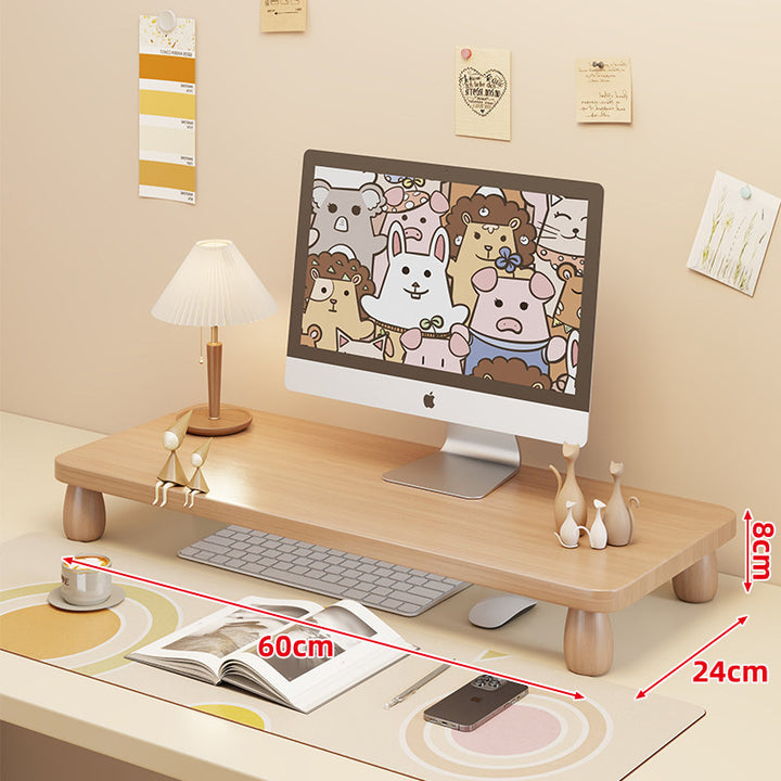 Low-Profile Ergonomic Wooden Desktop Monitor Lift with Under-Shelf Keyboard Storage