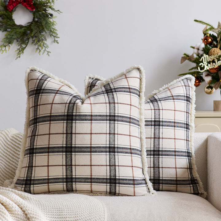 Plaid Sherpa-Trim Square Decorative Throw Pillow Cover