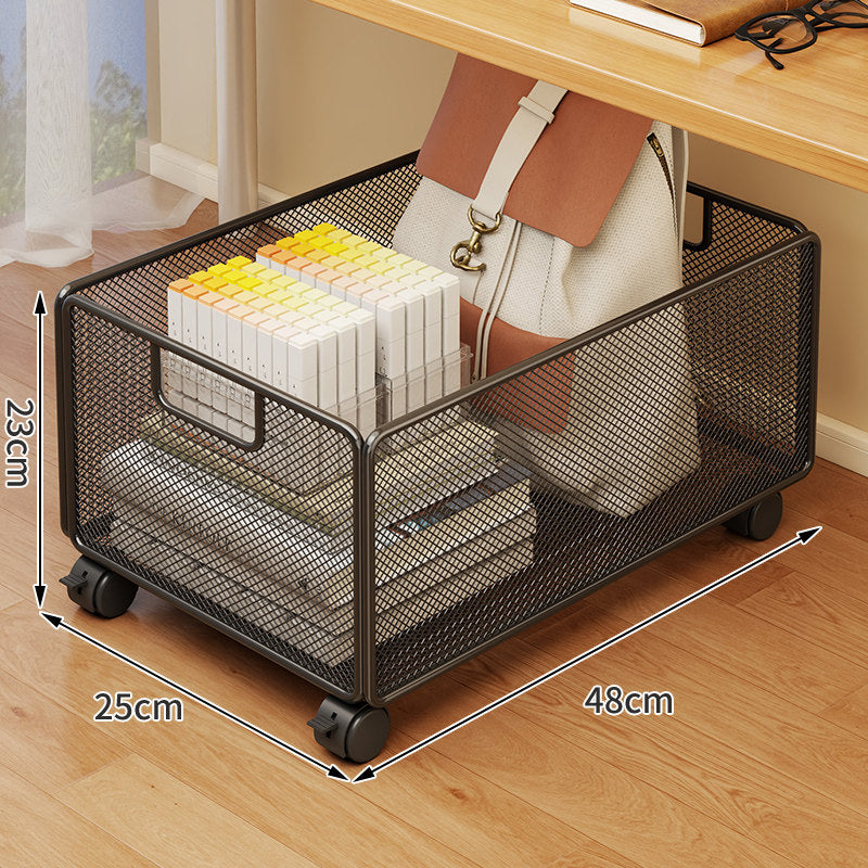 Under-Desk Mesh Rolling Storage Basket with Locking Swivel Casters and Integrated Carry Handle