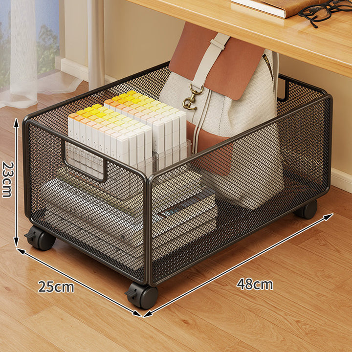 Under-Desk Mesh Rolling Storage Basket with Locking Swivel Casters and Integrated Carry Handle