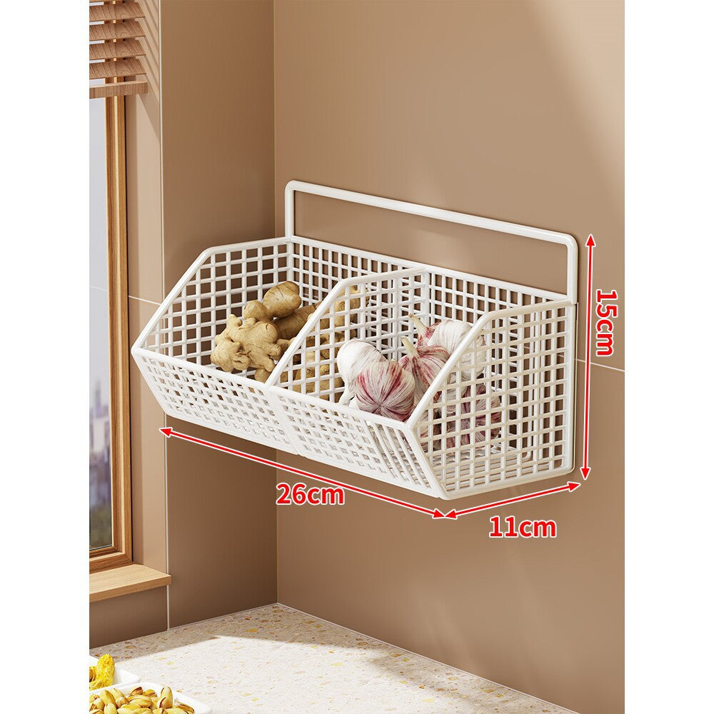 Wall-Mounted Double-Tier Grid Mesh Kitchen Storage Basket Organizer