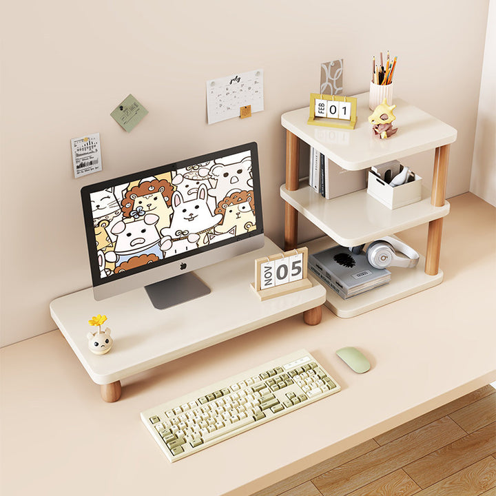 Solid Wood Monitor Riser with Tiered Desk Organizer and Cable Management