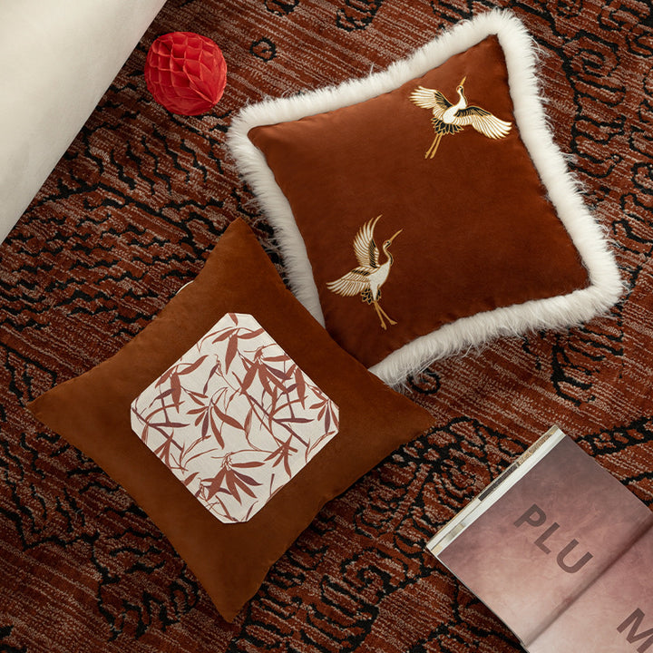 Luxurious embroidered satin pillowcase with art fur trim and crane motif