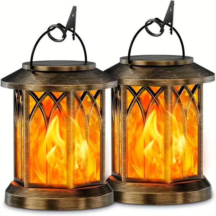 Solar-powered hanging LED lantern set with flickering flameless candle and metal clip hook