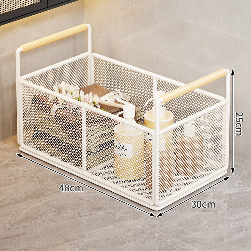 Rectangular Metal Mesh Countertop Storage Basket with Wooden Carry Handles