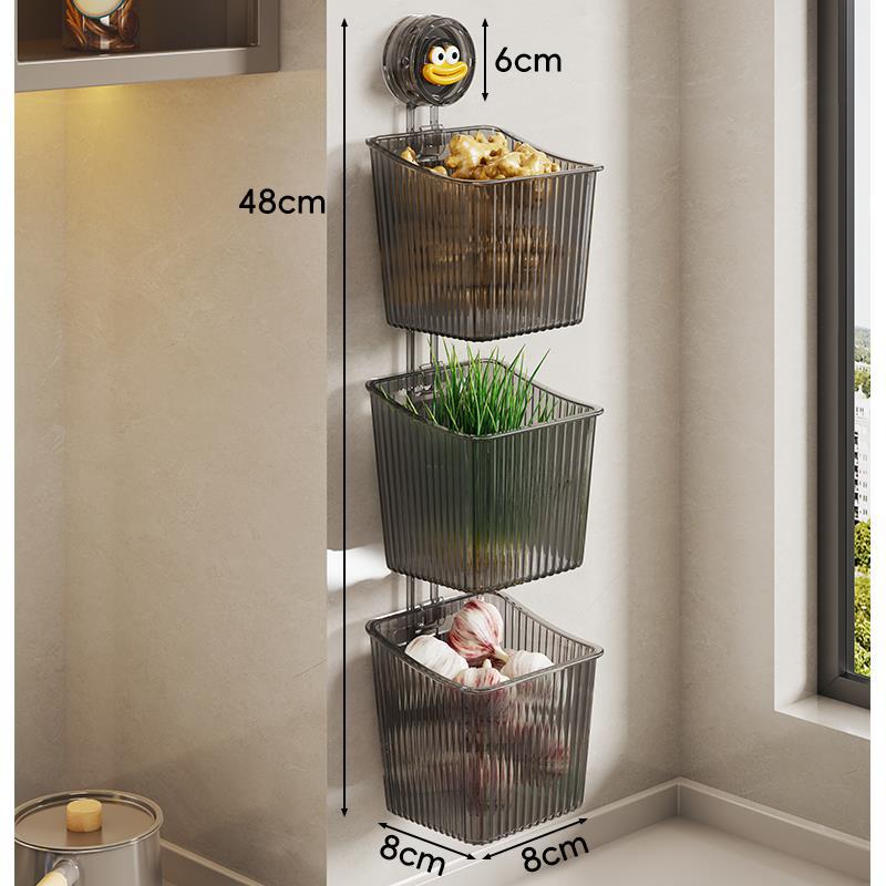 Vertical Three-Tier Ribbed Plastic Suction-Supported Corner Storage Basket System