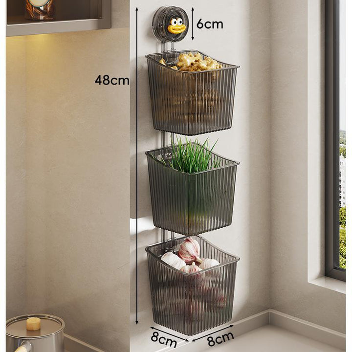 Vertical Three-Tier Ribbed Plastic Suction-Supported Corner Storage Basket System