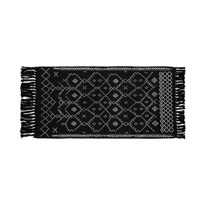 Flat-woven entrance and living room rug with Moroccan diamond jacquard and decorative fringes