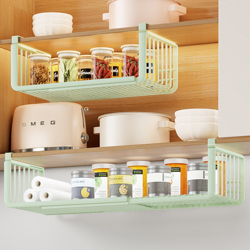 Under-Shelf Sliding Hanging Kitchen Storage Basket Organizer with Ventilated Metal Base and Rail Mount