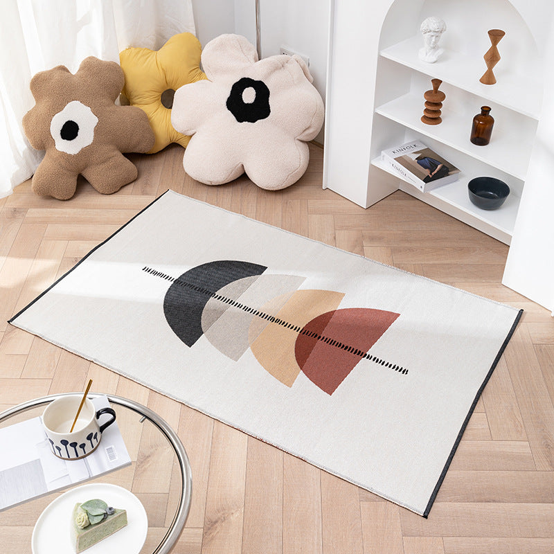Flat-woven living room runner rug with geometric semicircle design and PVC anti-slip backing