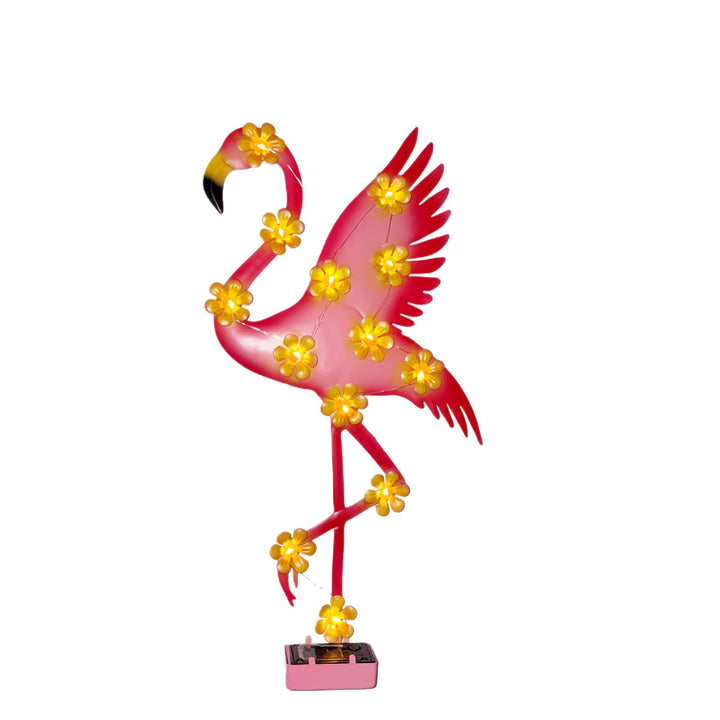 Solar-powered Flamingo LED garden stake light with flower accent lamps