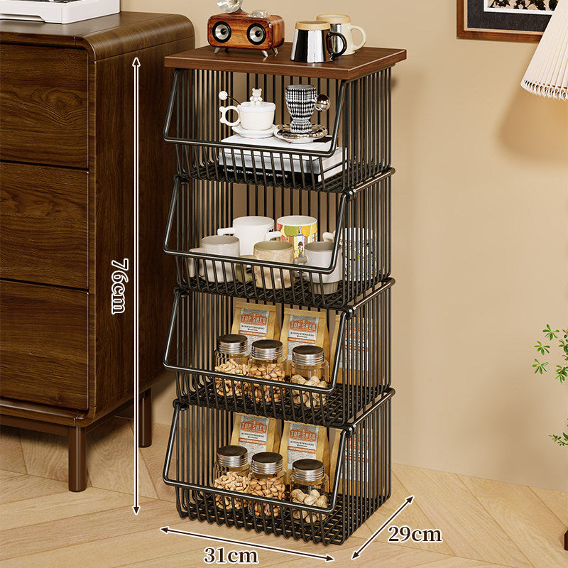 Four-Tier Industrial Wire Basket Cart with Wood Top and Swivel Locking Casters