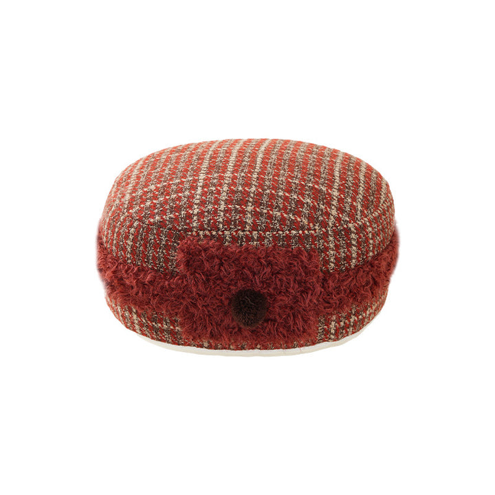 Baker Boy Cap made of tweed with teddy trim and decorative pompom