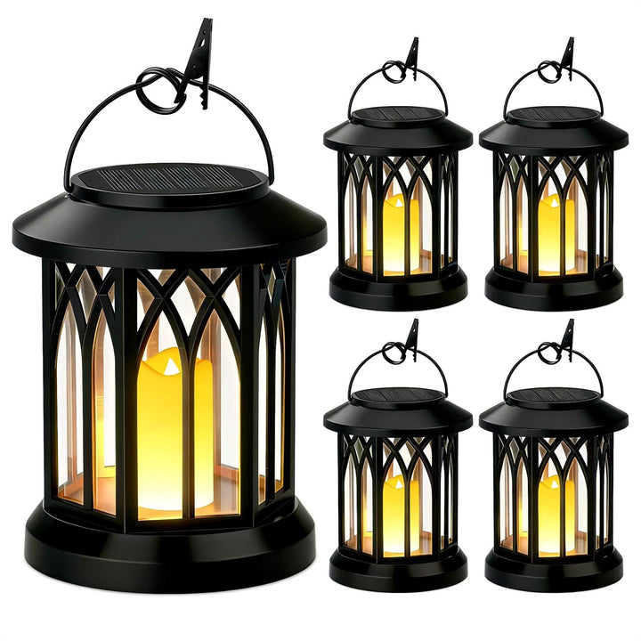 Solar-powered hanging LED lantern set with flickering flameless candle and metal clip hook