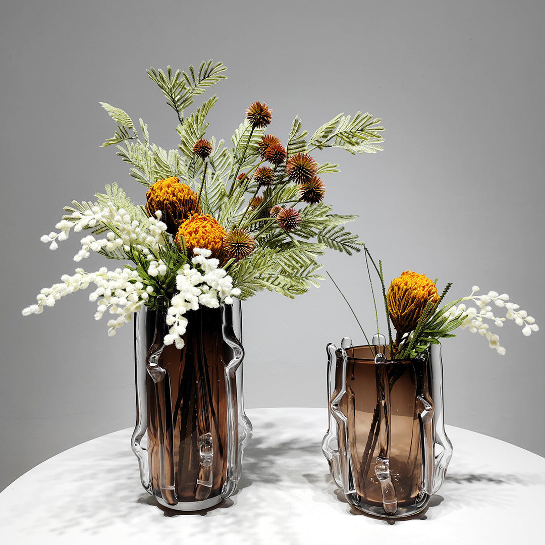 Organic Drip-Edge Cylindrical Art Glass Vase with Applied Clear Ribs