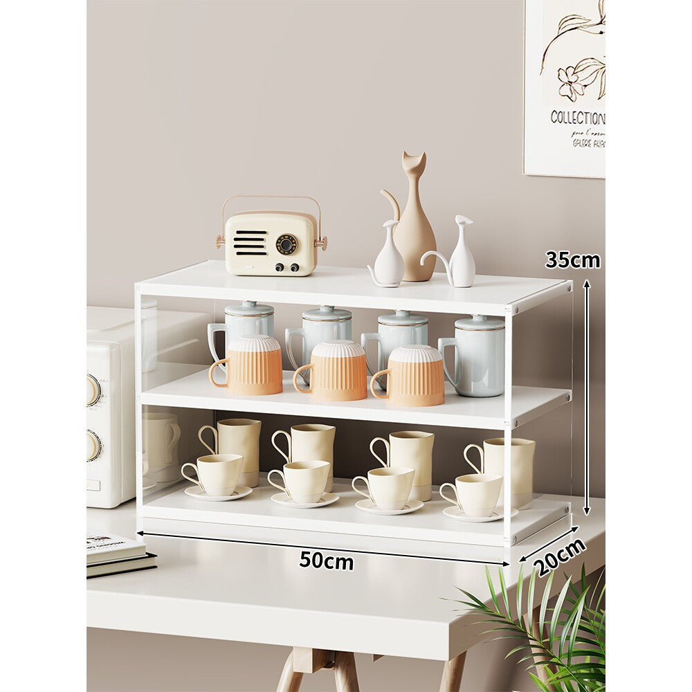 Multi-Level Bamboo-Style Countertop Kitchen Mug and Canister Organizer Shelf with Open Wood Shelves and Slim Metal Frame