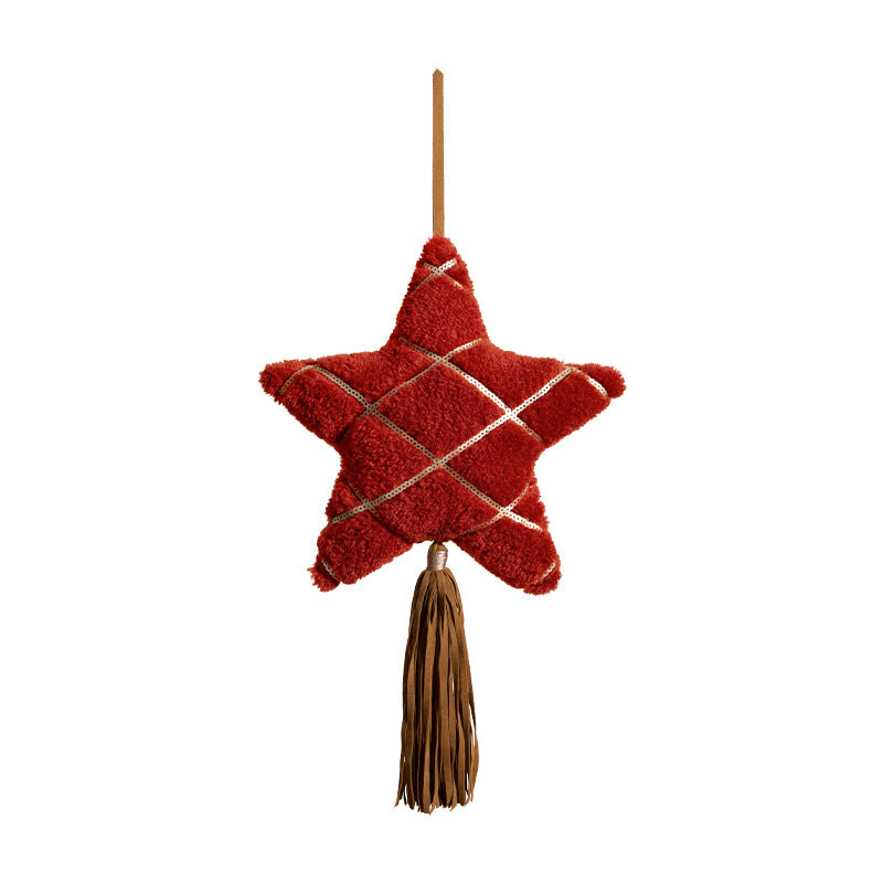Plush pendant star shape with cat motif, cuddly teddy texture and hanging ribbon