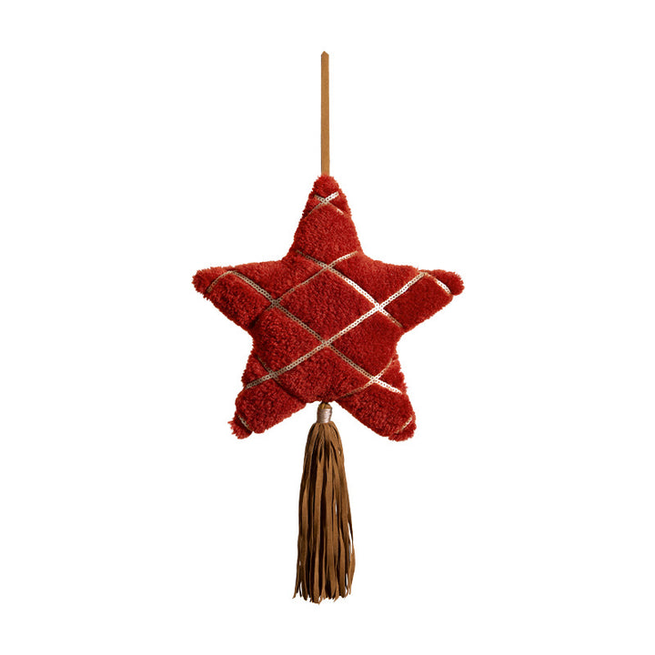 Plush pendant star shape with cat motif, cuddly teddy texture and hanging ribbon
