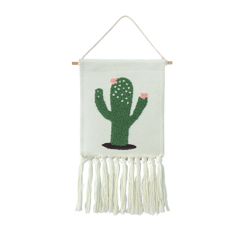 Woven cotton blend wall hanging with tufted cactus motif and cotton fringes