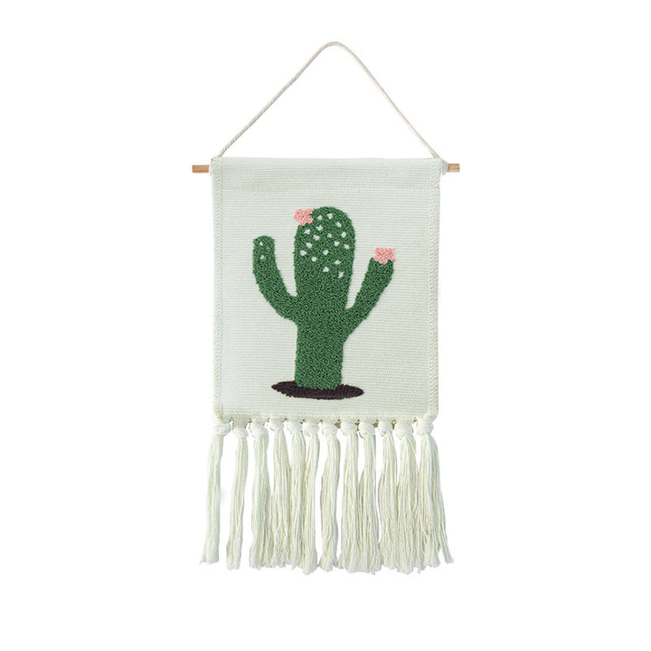 Woven cotton blend wall hanging with tufted cactus motif and cotton fringes