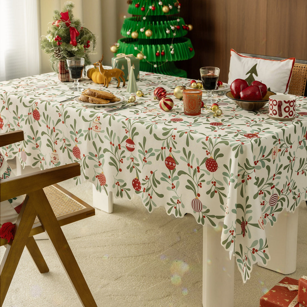 Festive rectangular tablecloth with mistletoe and Christmas ornament motif