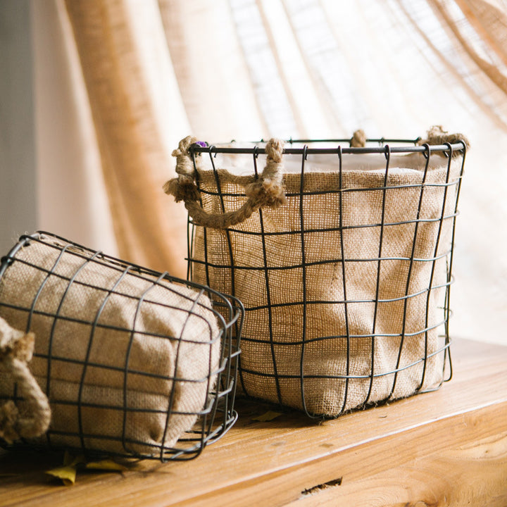 Decorative storage basket made of wire and linen