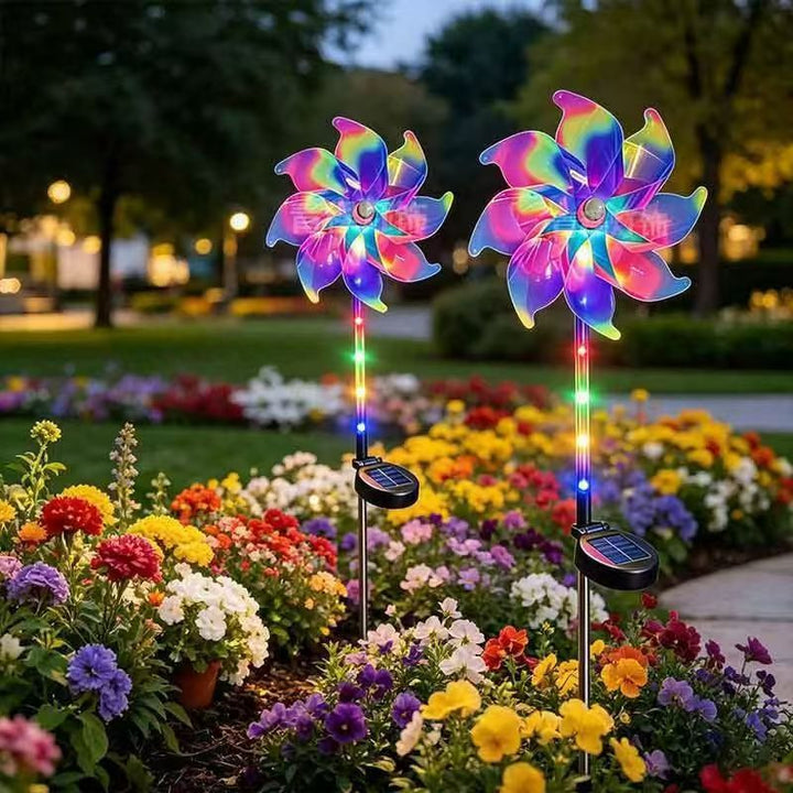 Solar-powered LED iridescent flower windmill garden stake