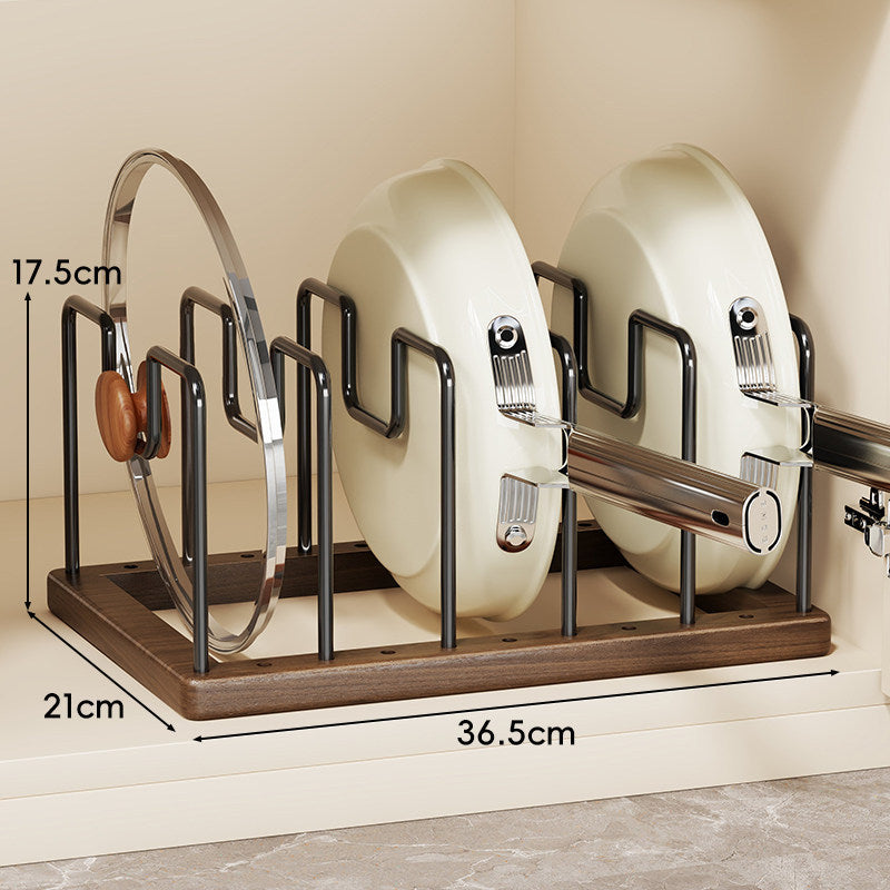 Vertical Pot Lid and Frying Pan Organizer Rack with Wooden Base and Powder-Coated Metal Dividers