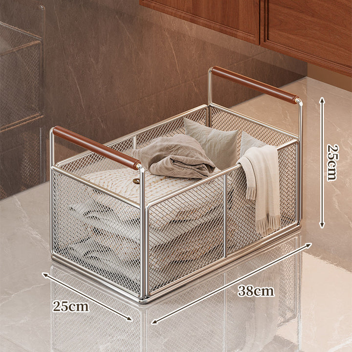 Rectangular Ventilated Metal Mesh Storage Basket with Wooden Grip Handles