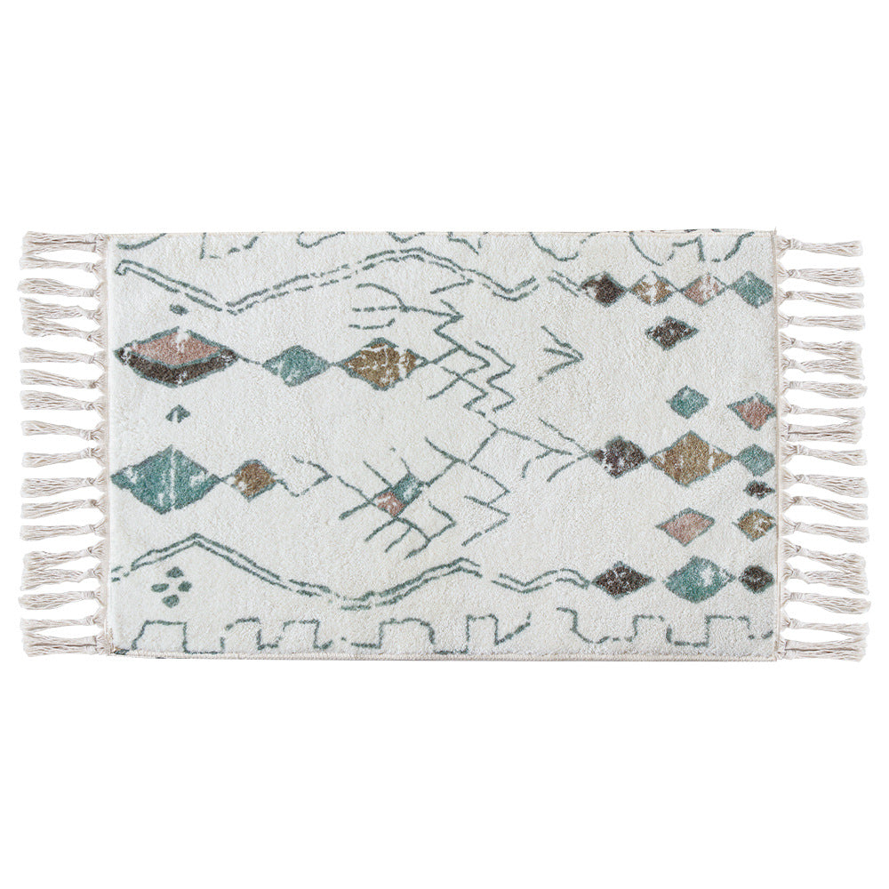 Boho cotton bath mat with fringes and geometric diamond pattern