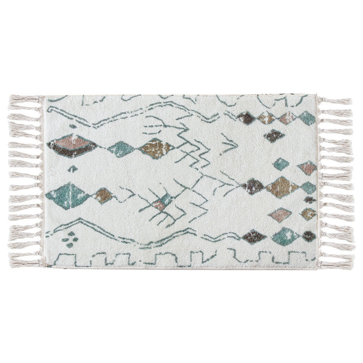 Boho cotton bath mat with fringes and geometric diamond pattern