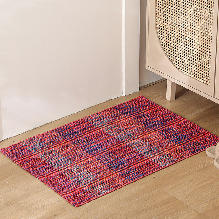 Striped cotton doormat with non-slip bottom and decorative woven edge