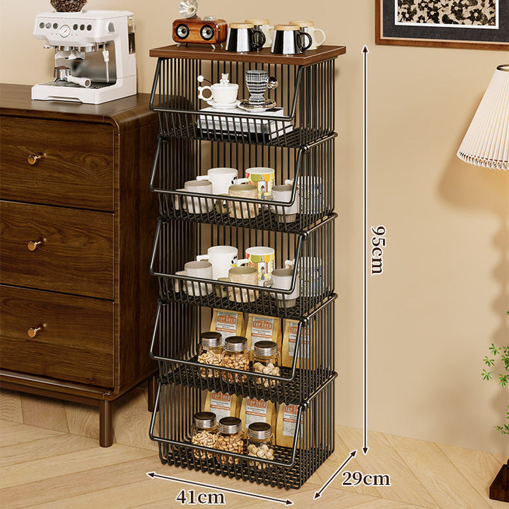 Four-Tier Industrial Wire Basket Cart with Wood Top and Swivel Locking Casters
