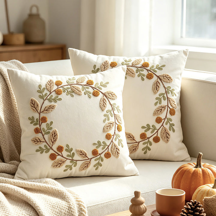 Embroidered Cozy Autumn Throw Pillow with Textured Pom Accents