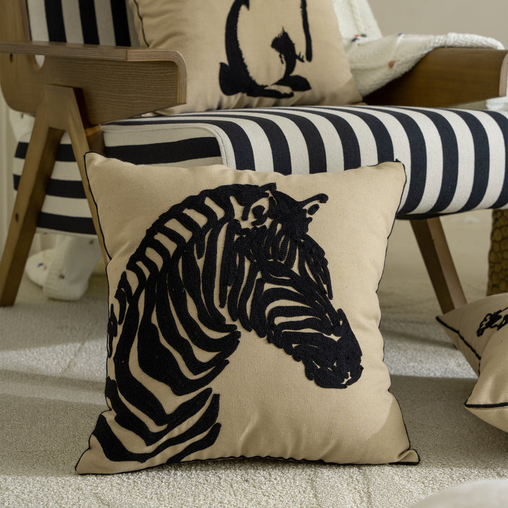 Cotton decorative pillow with raised dog tuft embroidery and contrasting piping