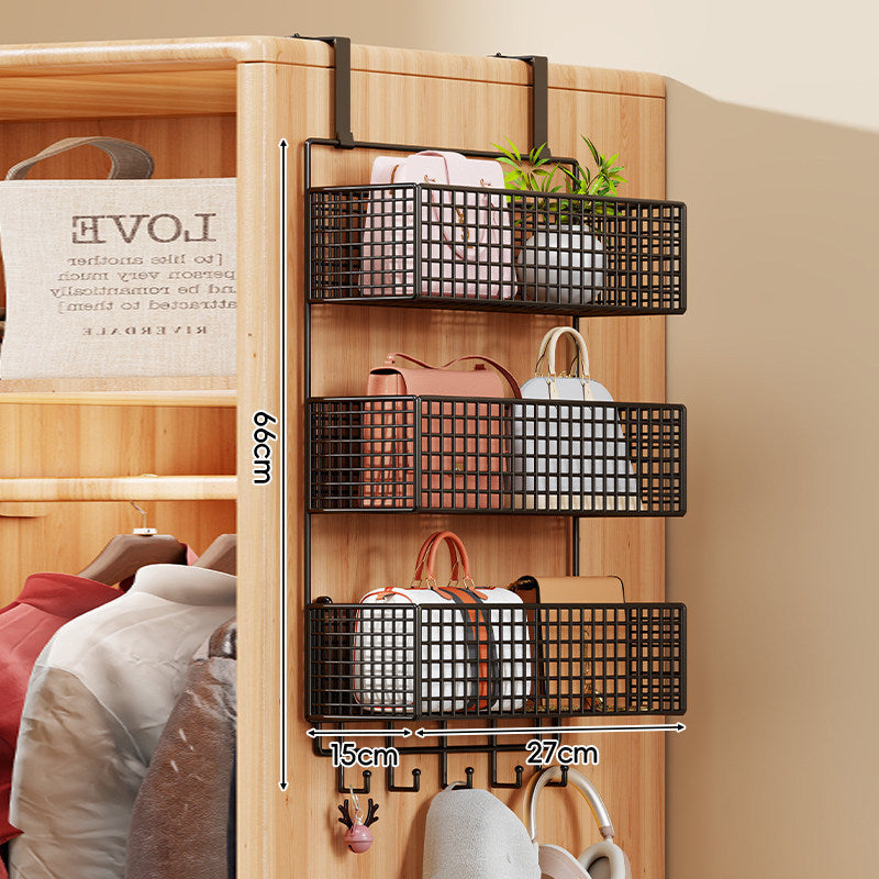 Over-the-Door Metal Grid Hanging Organizer with Four Stackable Baskets and Hooks