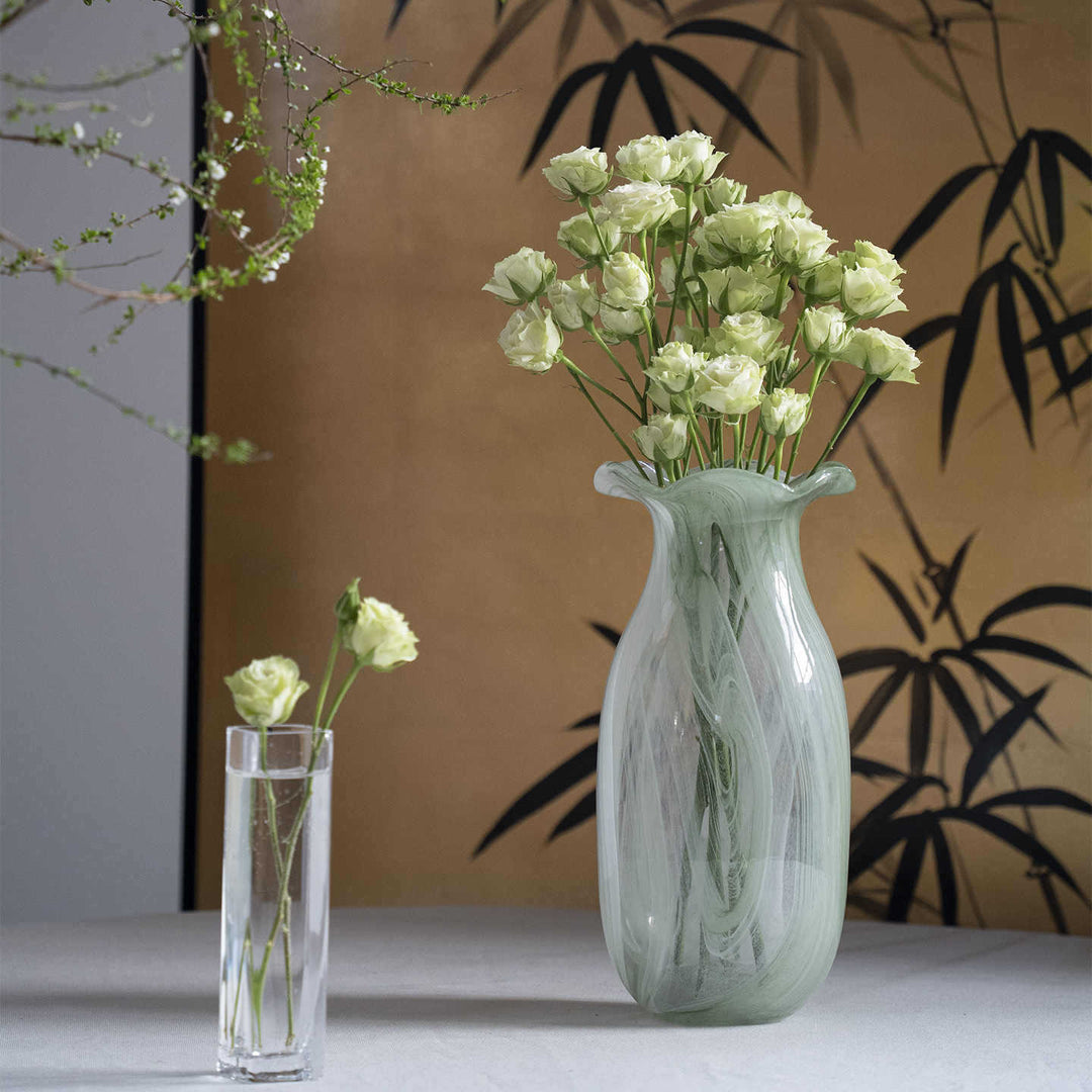 Hand-Blown Marbled Swirl Glass Ruffled-Rim Decorative Vase