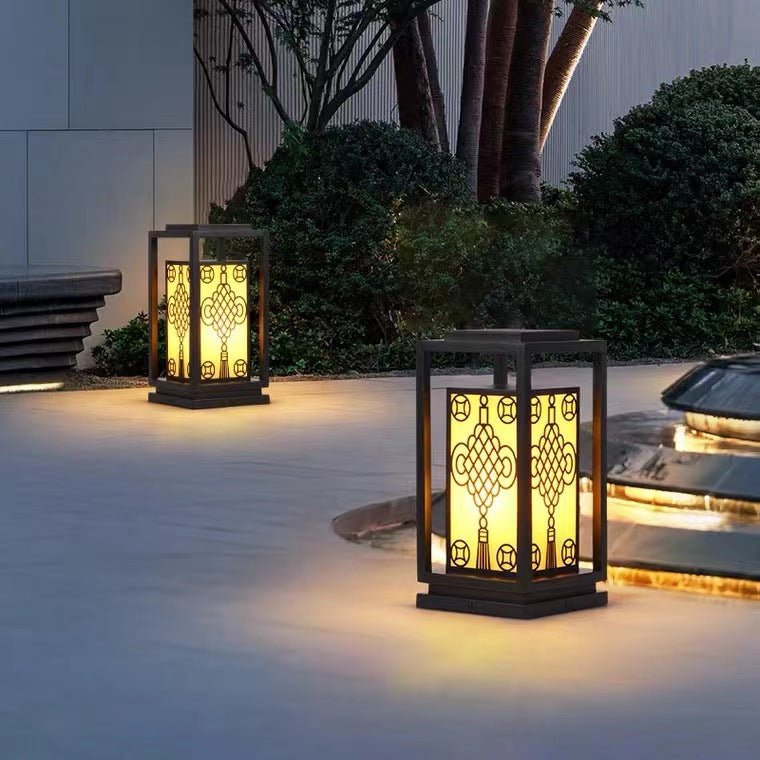 Outdoor Solar Lantern Path Light with Decorative Frosted Glass Panels