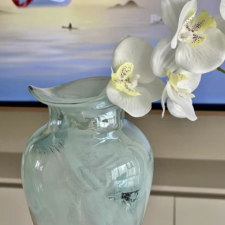 Hand-Blown Swirl Art Glass Decorative Bud Vase with Flared Lip and Textured Inclusions