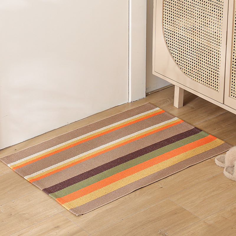 Striped cotton doormat with non-slip bottom and decorative woven edge