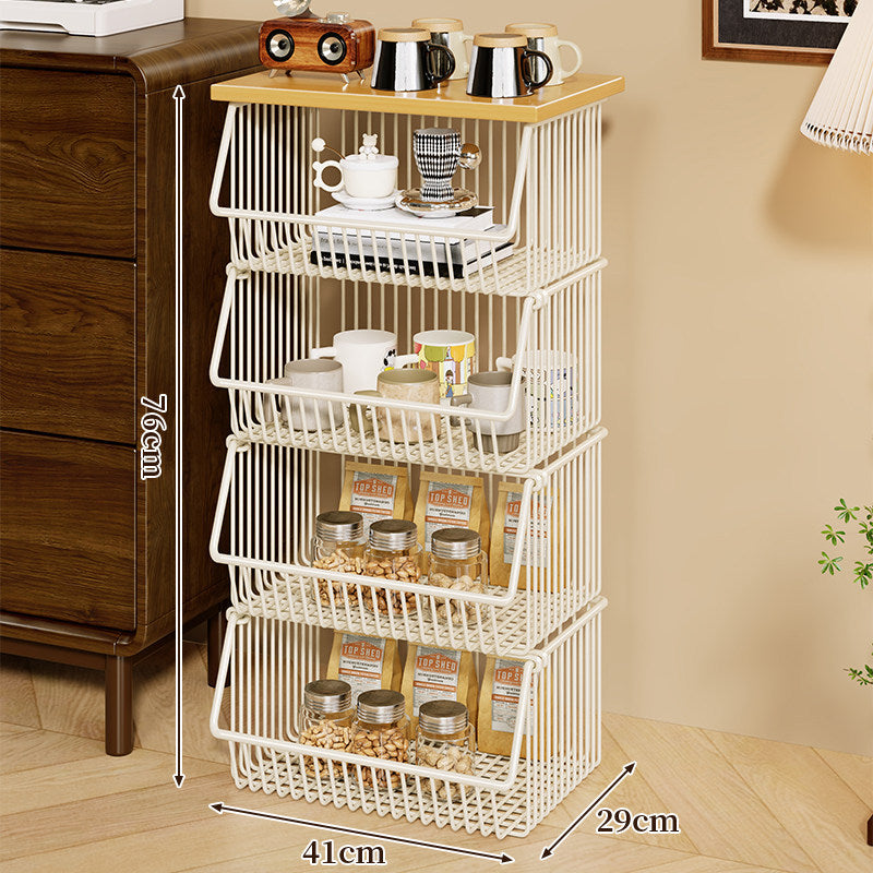 Four-Tier Industrial Wire Basket Cart with Wood Top and Swivel Locking Casters