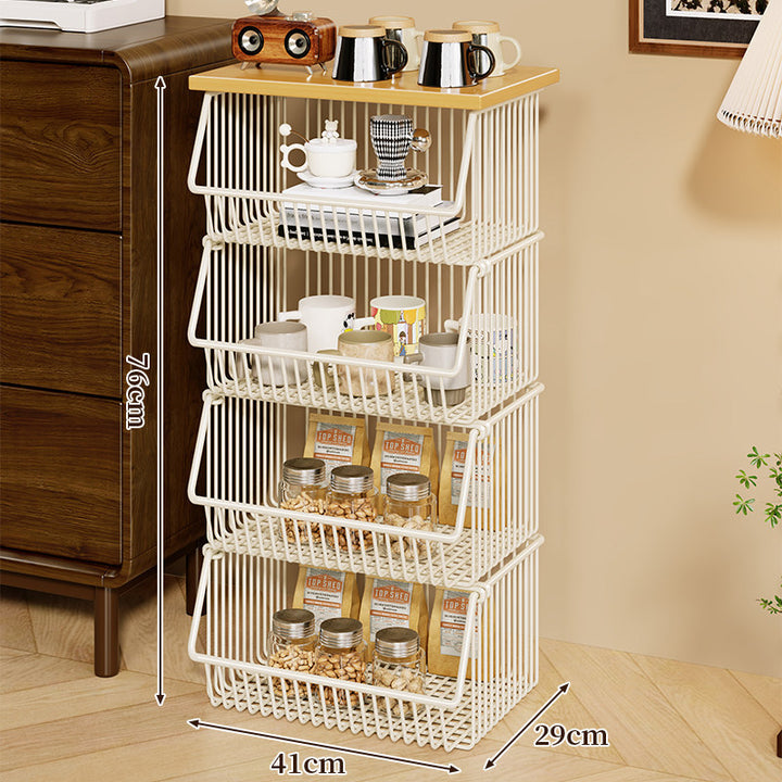 Four-Tier Industrial Wire Basket Cart with Wood Top and Swivel Locking Casters