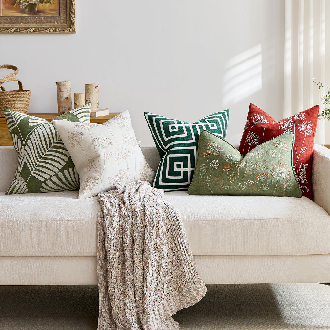 Geometric Embroidered Cotton-Linen Square Throw Pillow Cover with Raised Chenille Maze Appliqué