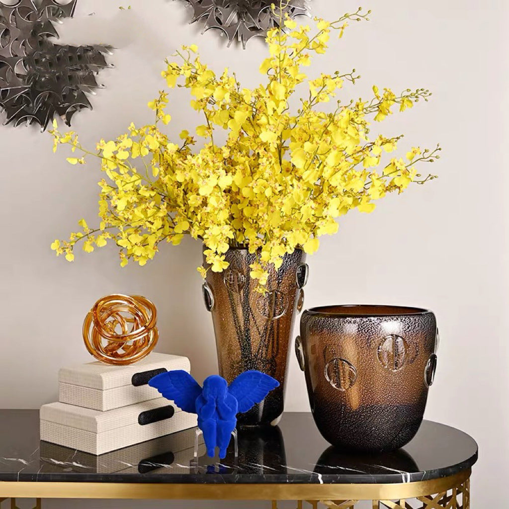 Tall Hand-Blown Textured Glass Accent Vase with Applied Disc Motifs