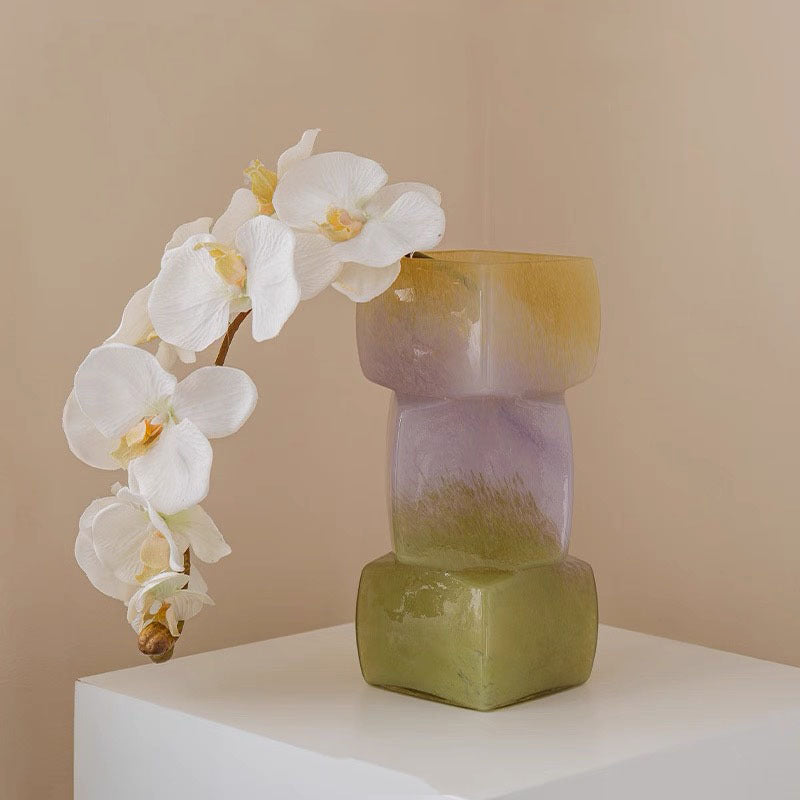 Stacked Square Art Glass Decorative Vase with Layered Blown Blocks
