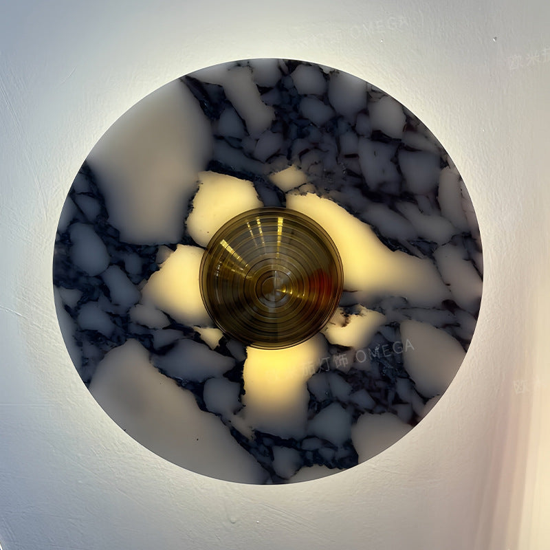 Marble Pattern Background Illuminating Circular Wall Lamp Pair