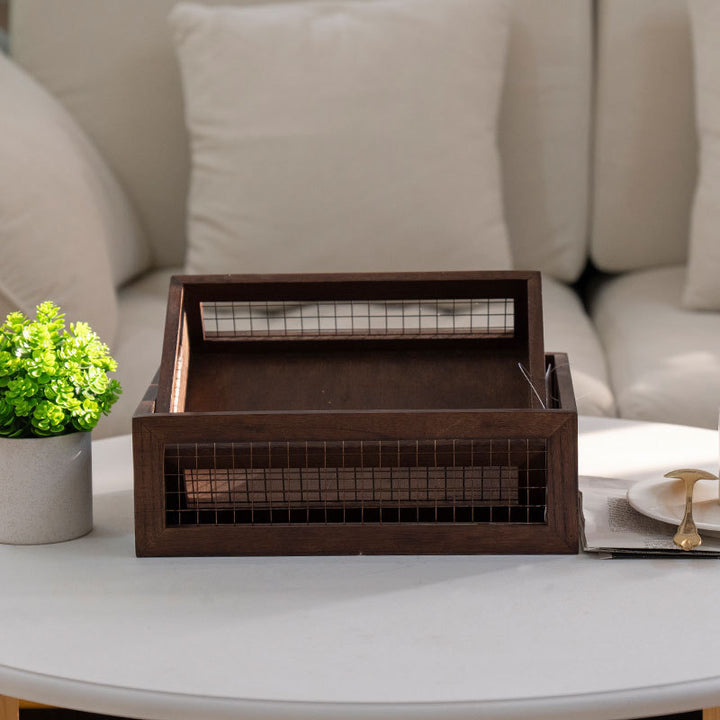 Wooden storage box with metal grid