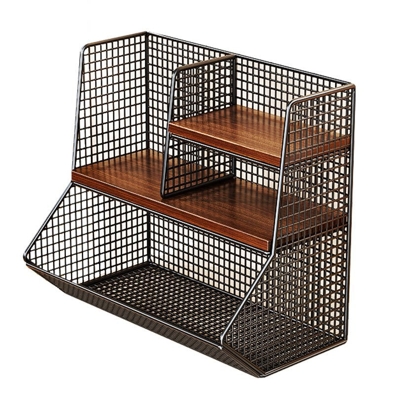 Kitchen Countertop Multi-Tier Wire Mesh Storage Organizer with Wooden Display Shelves